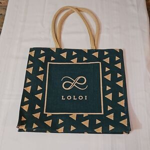 Loloi Large Shopper Tote | Dark Teal & Neutral Burlap | Handled Market Bag